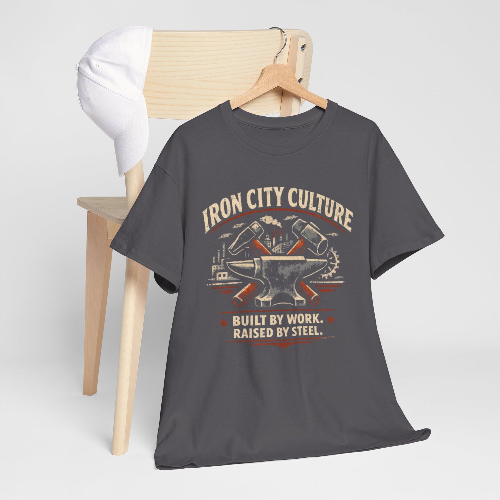 Dim Gray Iron City Culture Built by Work Raised by Steel T-Shirt – Industrial Worker Vintage Graphic Tee