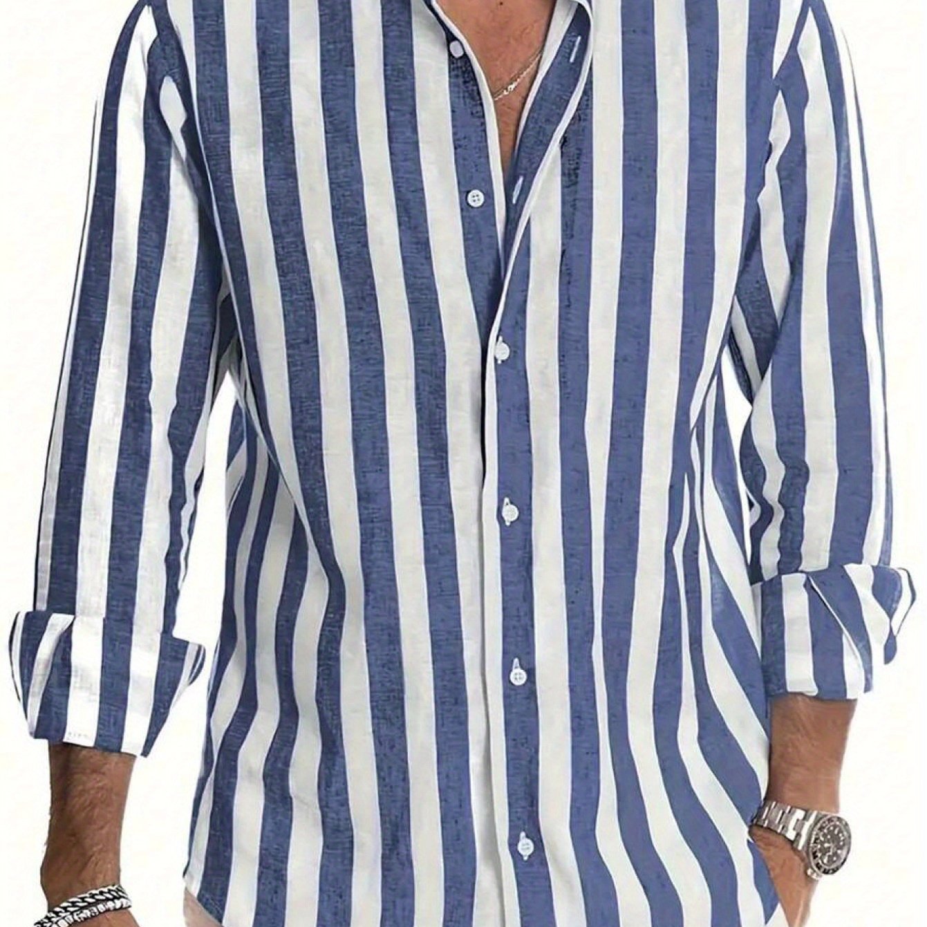 White Smoke Men's Casual Striped Long Sleeve Shirt with Turn- Collar and Buttons, Suitable for Dating, Beach, Vacation, Spring, Autumn, and Winter Seasons