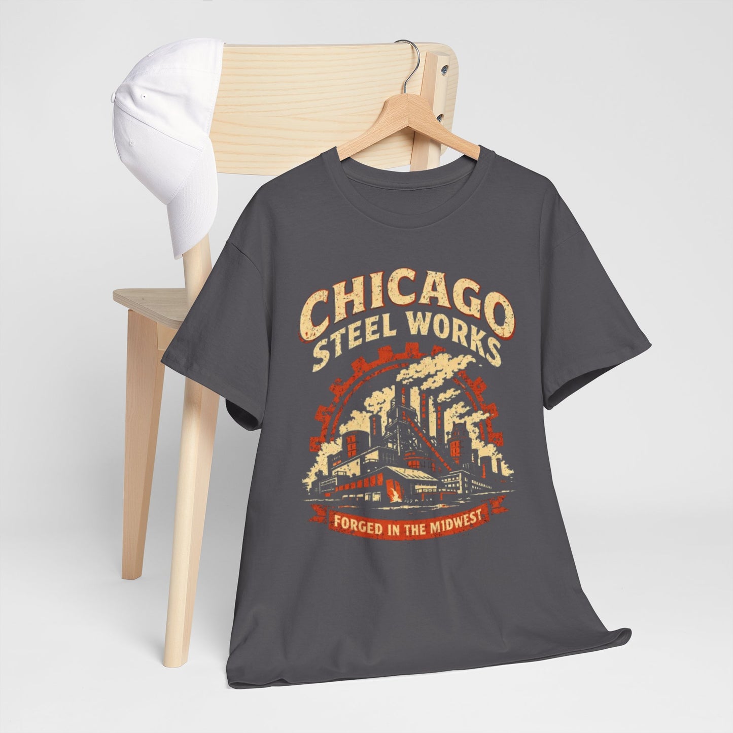 Lavender Chicago Steel Works Tee — "Forged in the Midwest" Vintage Industrial T-Shirt