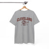 Gray t-shirt with 'Cleveland Oh' text on a hanger against a white background