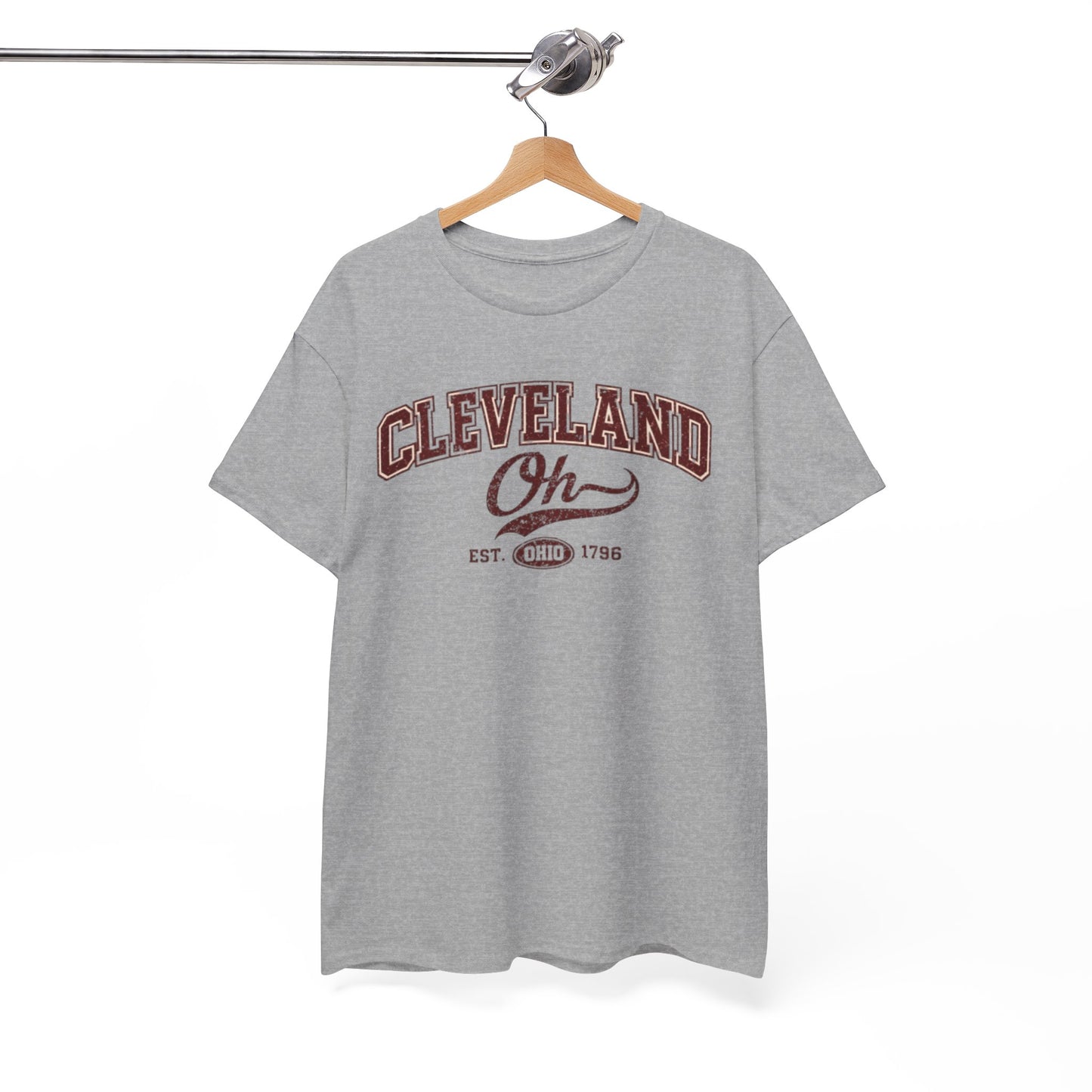 Gray t-shirt with 'Cleveland Oh' text on a hanger against a white background