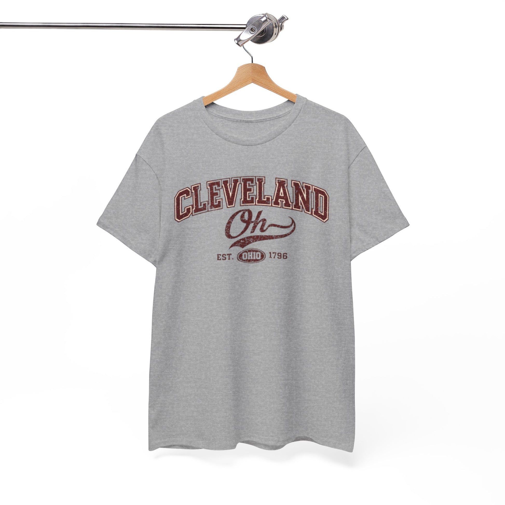 Gray t-shirt with 'Cleveland Oh' text on a hanger against a white background
