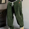 Black Men'S Corduroy Straight-Leg Pants | Drawstring Waist, Belt Closure, Comfortable And Versatile, Ideal For Fall/Winter