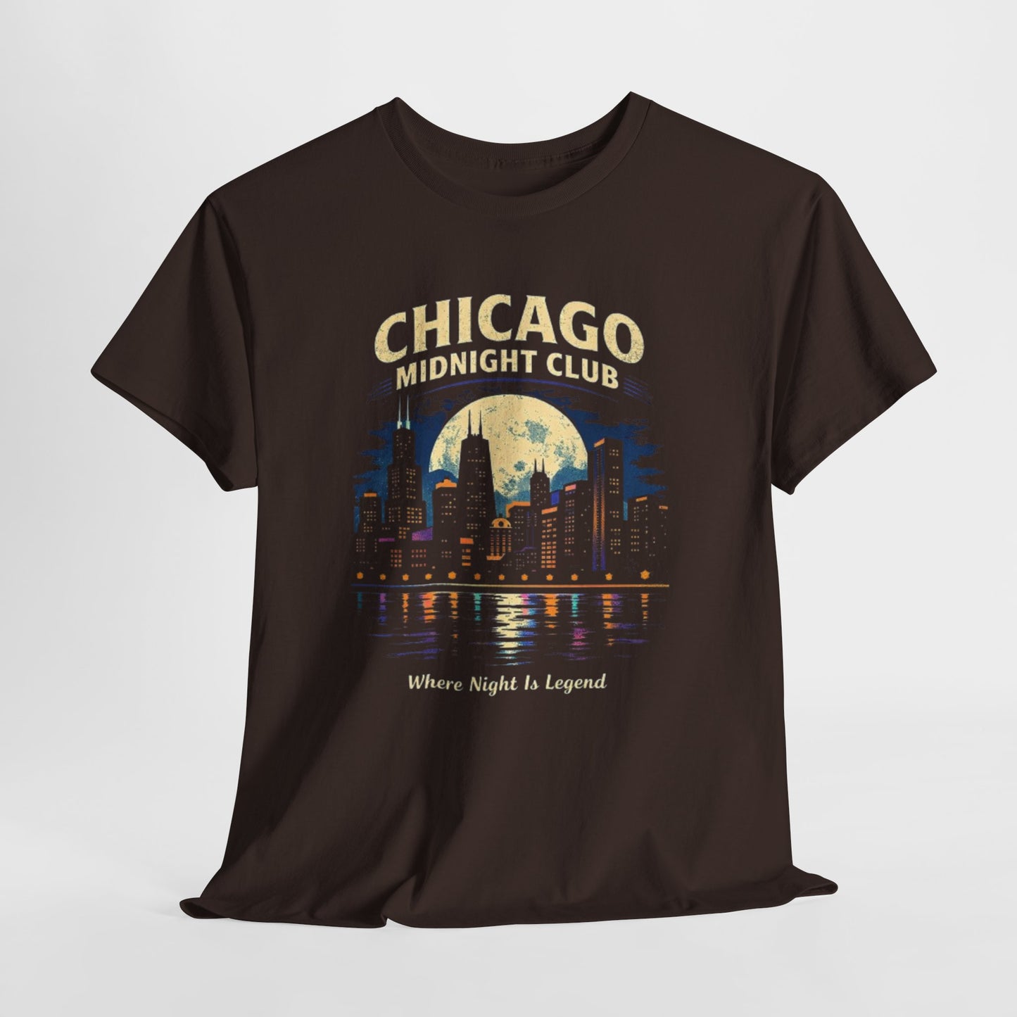 Dark Slate Gray Chicago Midnight Club T‑Shirt – Retro City Skyline "Where Night Is Legend"
