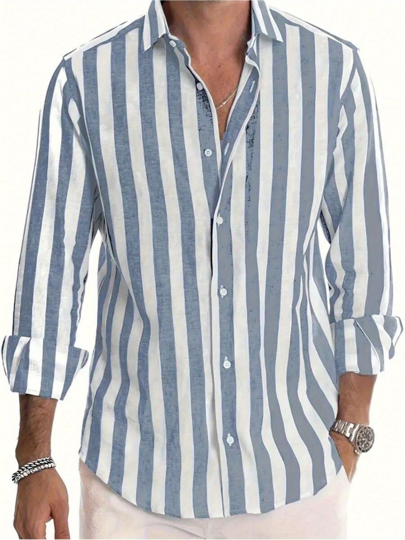 White Smoke Men's Casual Striped Long Sleeve Shirt with Turn- Collar and Buttons, Suitable for Dating, Beach, Vacation, Spring, Autumn, and Winter Seasons
