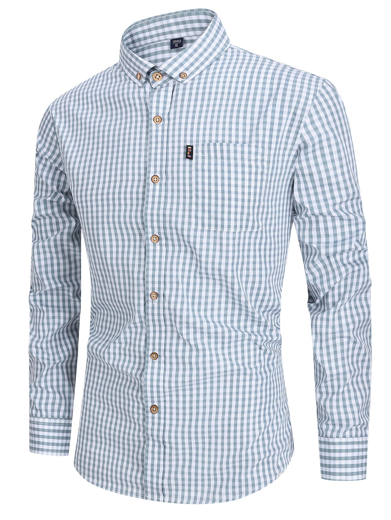 Light Steel Blue 1pc Men'S Casual Plaid Shirt | Long Sleeve, Non-Stretch Fabric, Single Breasted, Left Chest Pocket, Ideal for Daily Commute and Business Casual Occasions