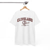 White t-shirt with 'Cleveland Oh' text on a hanger against a white background