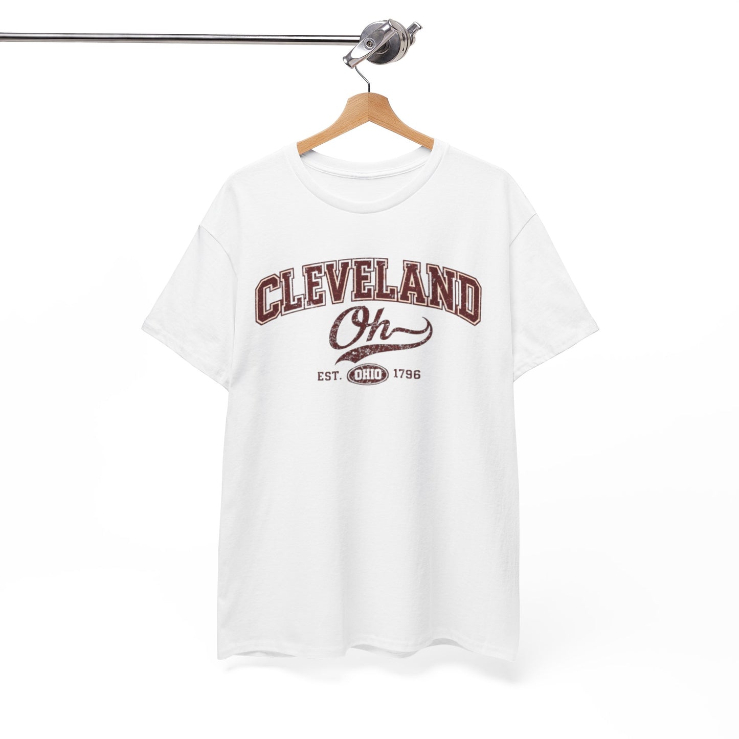 White t-shirt with 'Cleveland Oh' text on a hanger against a white background