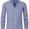 Dark Gray Men's Slim Fit Long Sleeve Shirt - Black & White Classic Plaid Pattern, Business Casual Button-Up Shirt, Machine Washable Summer Office & Formal Wear, Business Casual Wear | Collared Shirt | Stylish Checkered Pattern