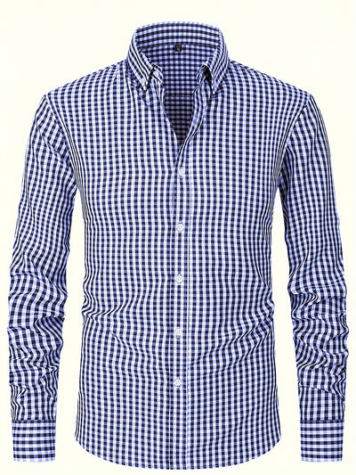 Dark Gray Men's Slim Fit Long Sleeve Shirt - Black & White Classic Plaid Pattern, Business Casual Button-Up Shirt, Machine Washable Summer Office & Formal Wear, Business Casual Wear | Collared Shirt | Stylish Checkered Pattern