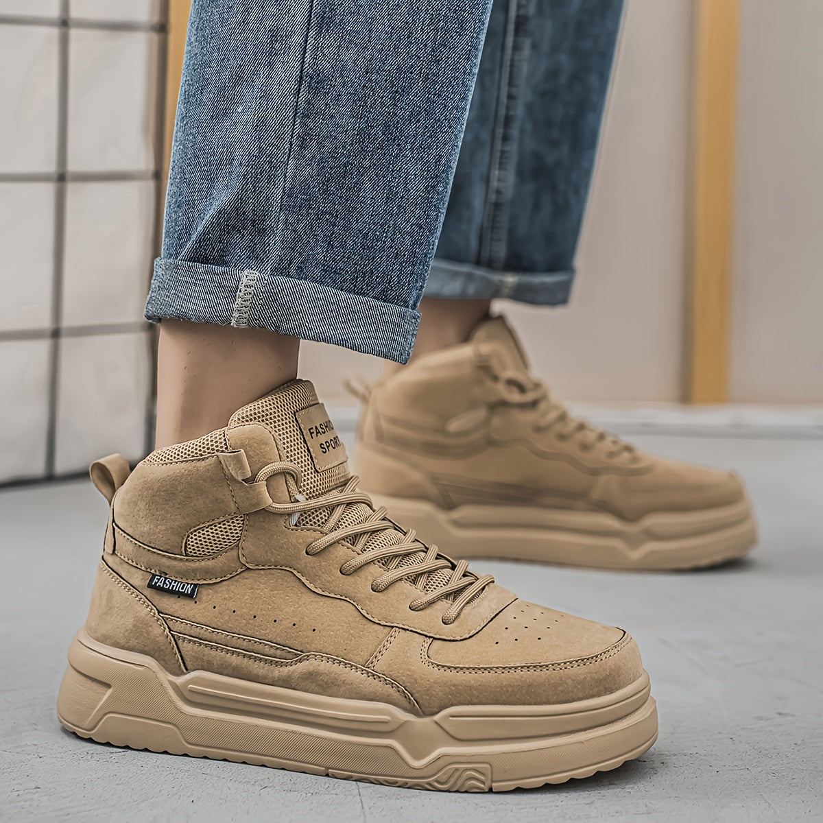 Men'S High-Top Fashion Sneakers, Casual Sports Street Style, Solid Color with Graphic Detail, All-Season Lace-Up Running Shoes, PU & Fabric Upper, EVA Sole, Round Toe, for Daily Wear