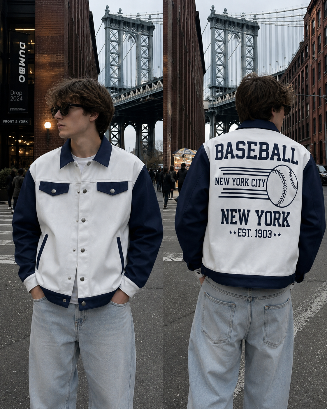 New York Baseball Varsity Jacket Men Women Retro Streetwear Jacket Blue and White College Style Outerwear