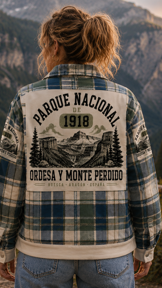 Person wearing a plaid jacket with a national park design, standing in a mountainous landscape.