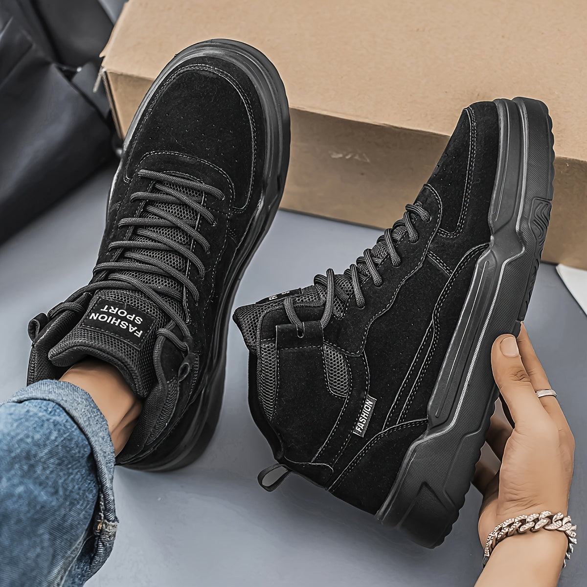 Men'S High-Top Fashion Sneakers, Casual Sports Street Style, Solid Color with Graphic Detail, All-Season Lace-Up Running Shoes, PU & Fabric Upper, EVA Sole, Round Toe, for Daily Wear