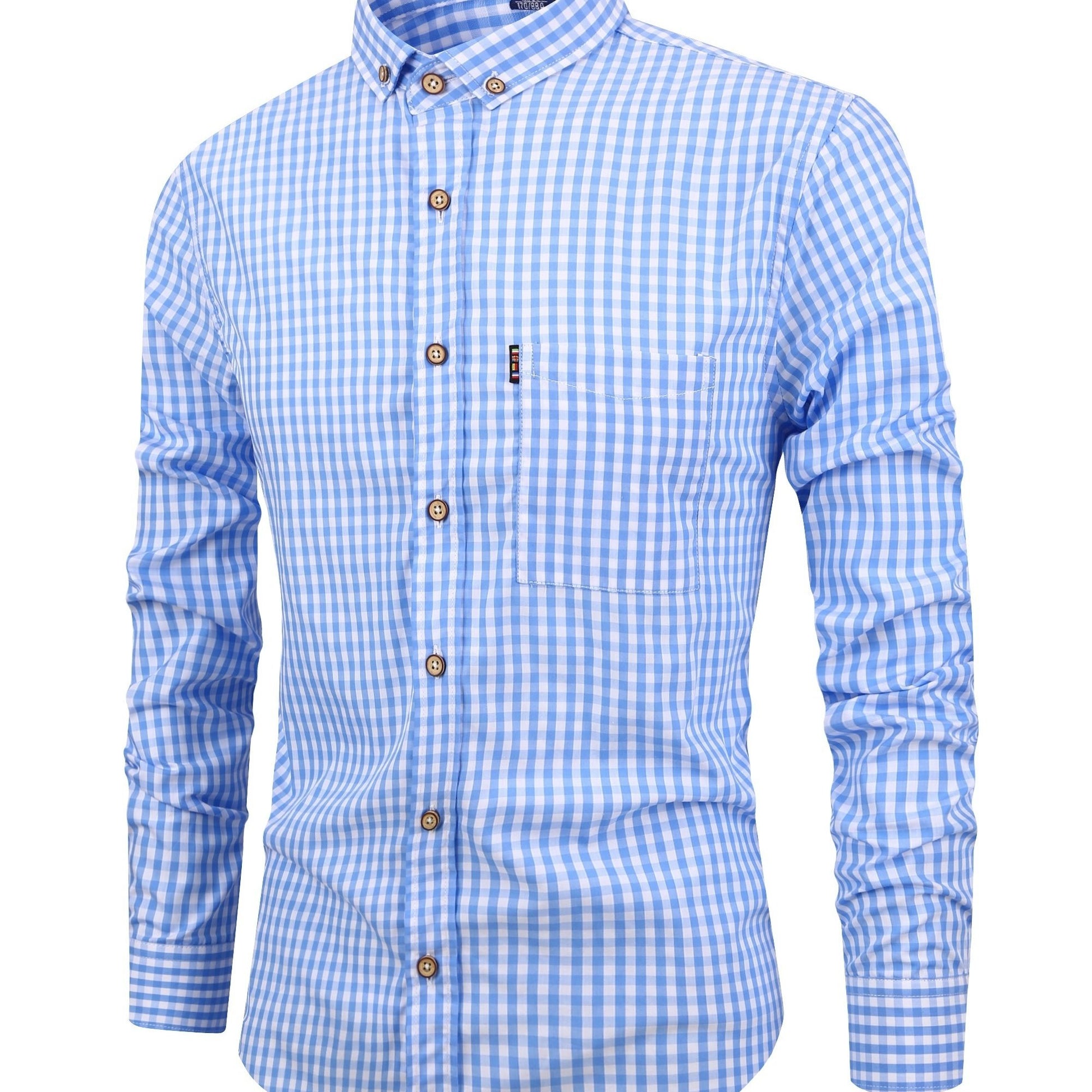 Light Steel Blue Kingstiger Men's casual slim cotton plaid shirt, Casual Breathable Lapel Button Up Long Sleeve Shirt Top for City Walk Street Hanging Outdoor Activities