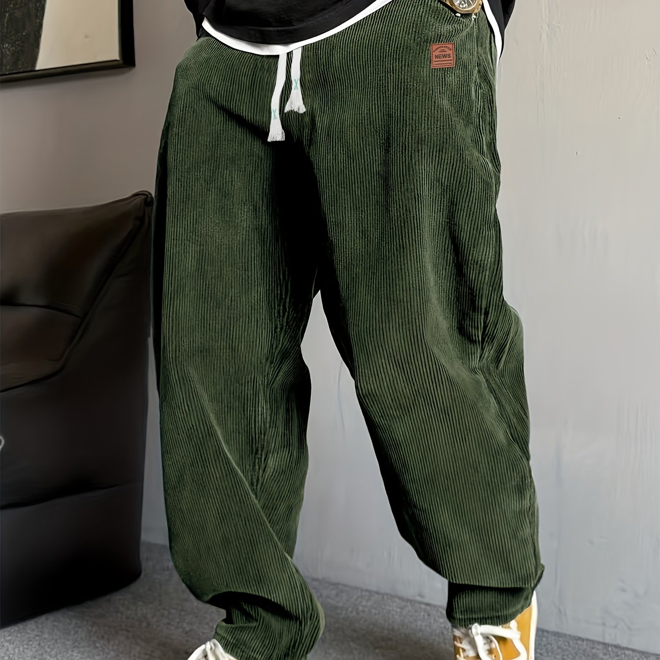 Dark Slate Gray Men'S Corduroy Straight-Leg Pants | Drawstring Waist, Belt Closure, Comfortable And Versatile, Ideal For Fall/Winter