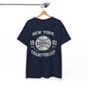 Navy blue t-shirt with white text and graphics on a hanger against a white background