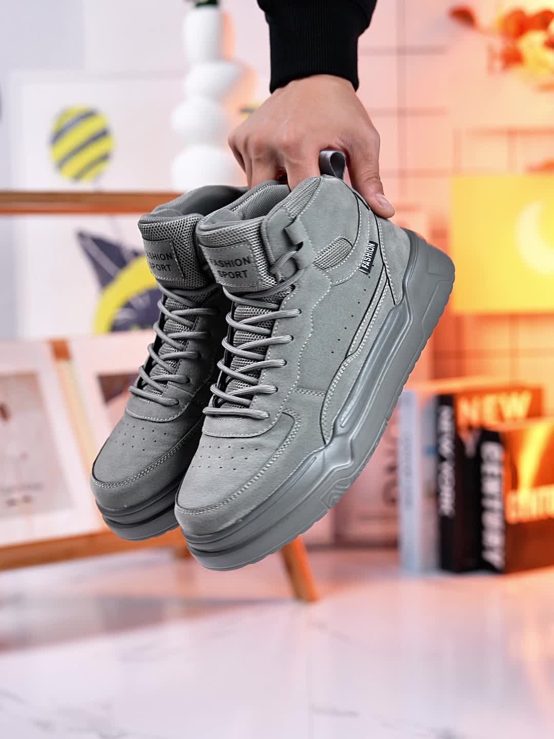 Men'S High-Top Fashion Sneakers, Casual Sports Street Style, Solid Color with Graphic Detail, All-Season Lace-Up Running Shoes, PU & Fabric Upper, EVA Sole, Round Toe, for Daily Wear
