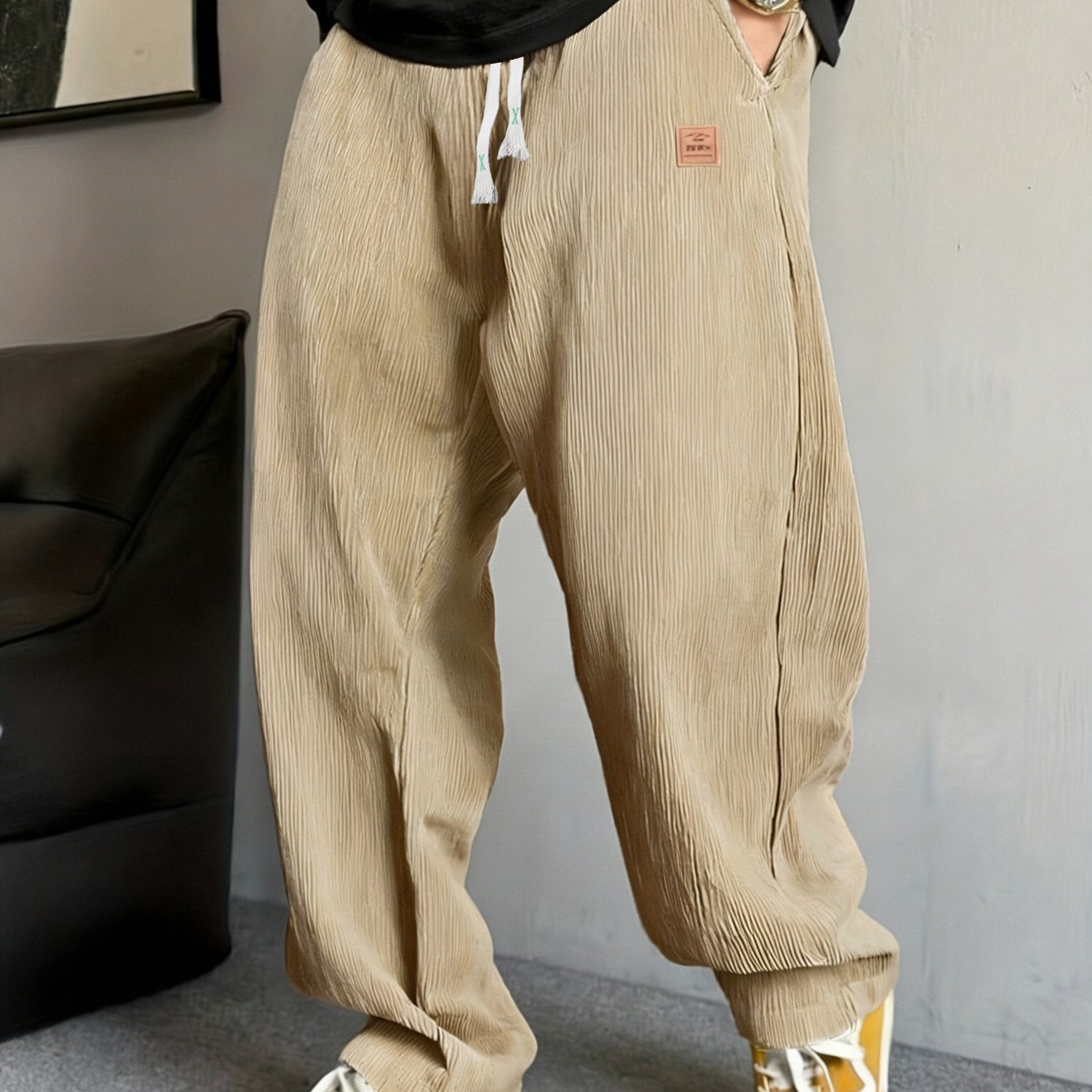 Tan Men'S Corduroy Straight-Leg Pants | Drawstring Waist, Belt Closure, Comfortable And Versatile, Ideal For Fall/Winter