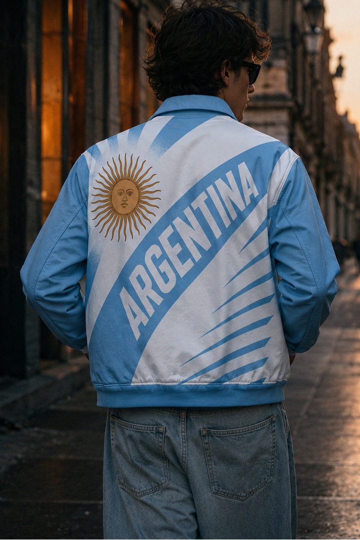 Person wearing an Argentina jacket on a city street at sunset.