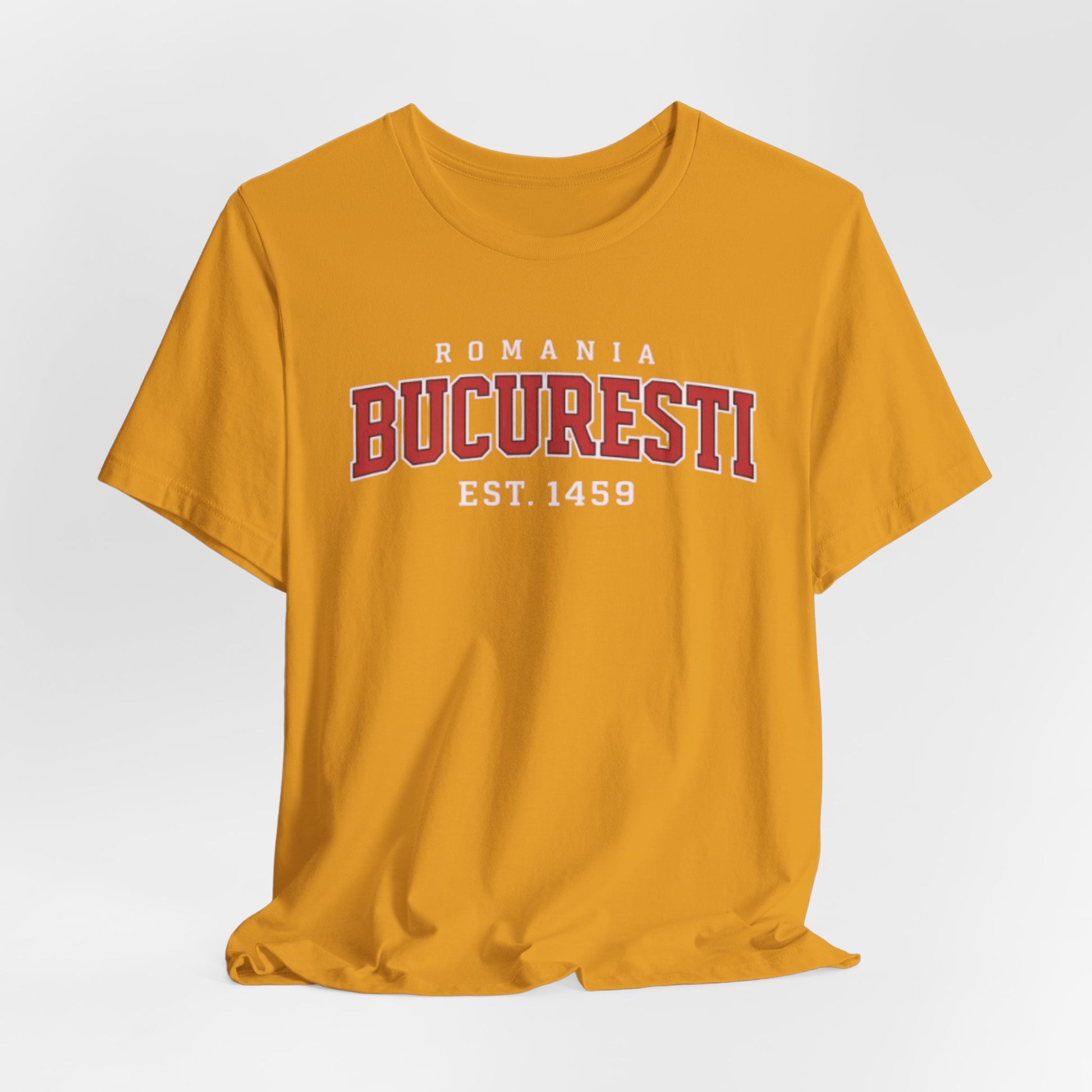 Goldenrod Tricou Bucuresti Romania – Vintage Collegiate Est. 1459 Tee