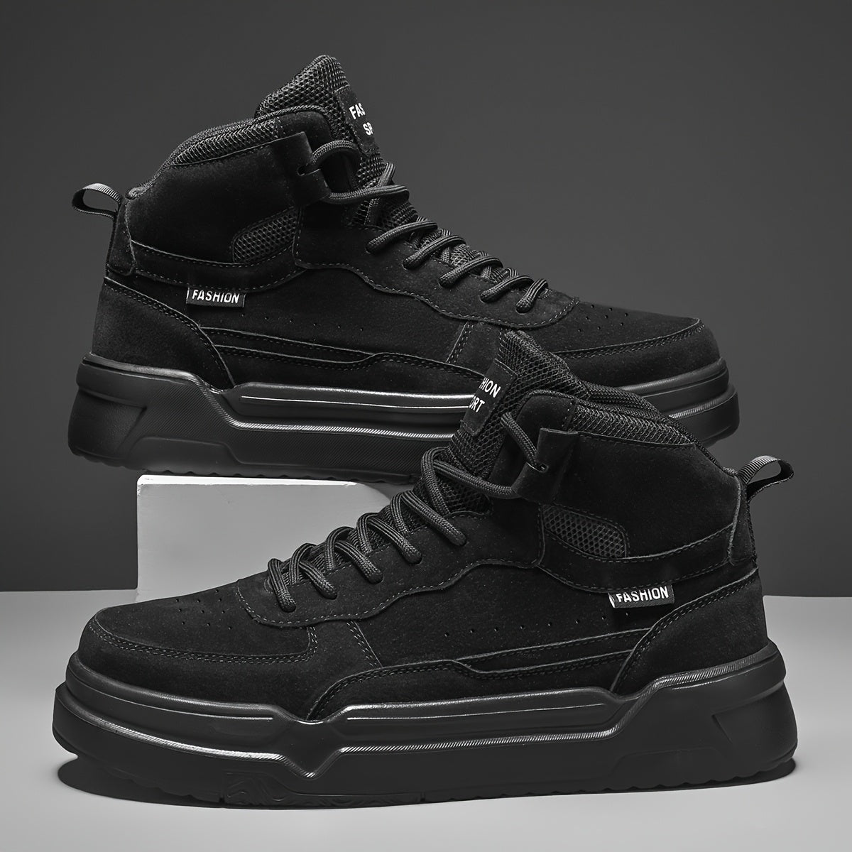 Dark Slate Gray Men'S High-Top Fashion Sneakers, Casual Sports Street Style, Solid Color with Graphic Detail, All-Season Lace-Up Running Shoes, PU & Fabric Upper, EVA Sole, Round Toe, for Daily Wear