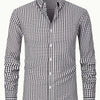 Dark Gray Men's Slim Fit Long Sleeve Shirt - Black & White Classic Plaid Pattern, Business Casual Button-Up Shirt, Machine Washable Summer Office & Formal Wear, Business Casual Wear | Collared Shirt | Stylish Checkered Pattern