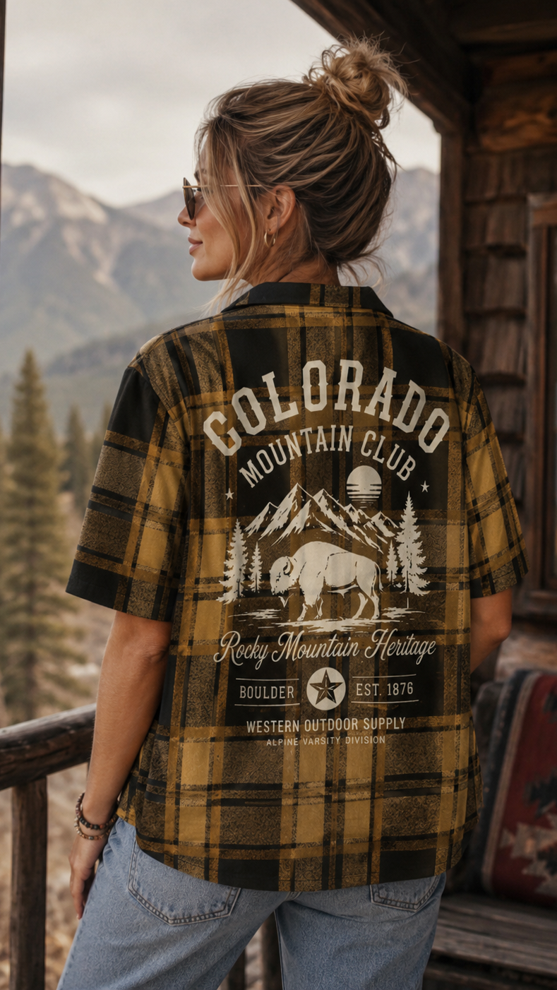 Person wearing a 'Colorado Mountain Club' plaid shirt with a scenic background