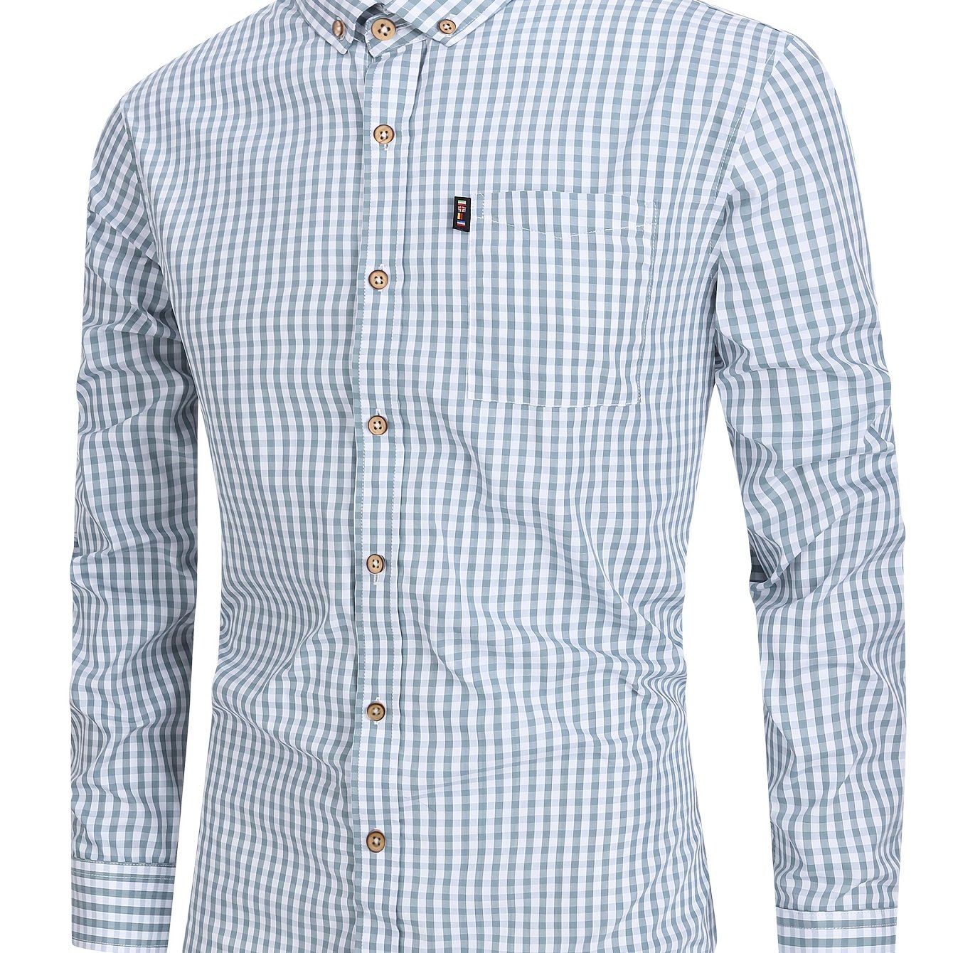 Light Steel Blue 1pc Men'S Casual Plaid Shirt | Long Sleeve, Non-Stretch Fabric, Single Breasted, Left Chest Pocket, Ideal for Daily Commute and Business Casual Occasions