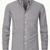 Dark Gray Men's Slim Fit Long Sleeve Shirt - Black & White Classic Plaid Pattern, Business Casual Button-Up Shirt, Machine Washable Summer Office & Formal Wear, Business Casual Wear | Collared Shirt | Stylish Checkered Pattern