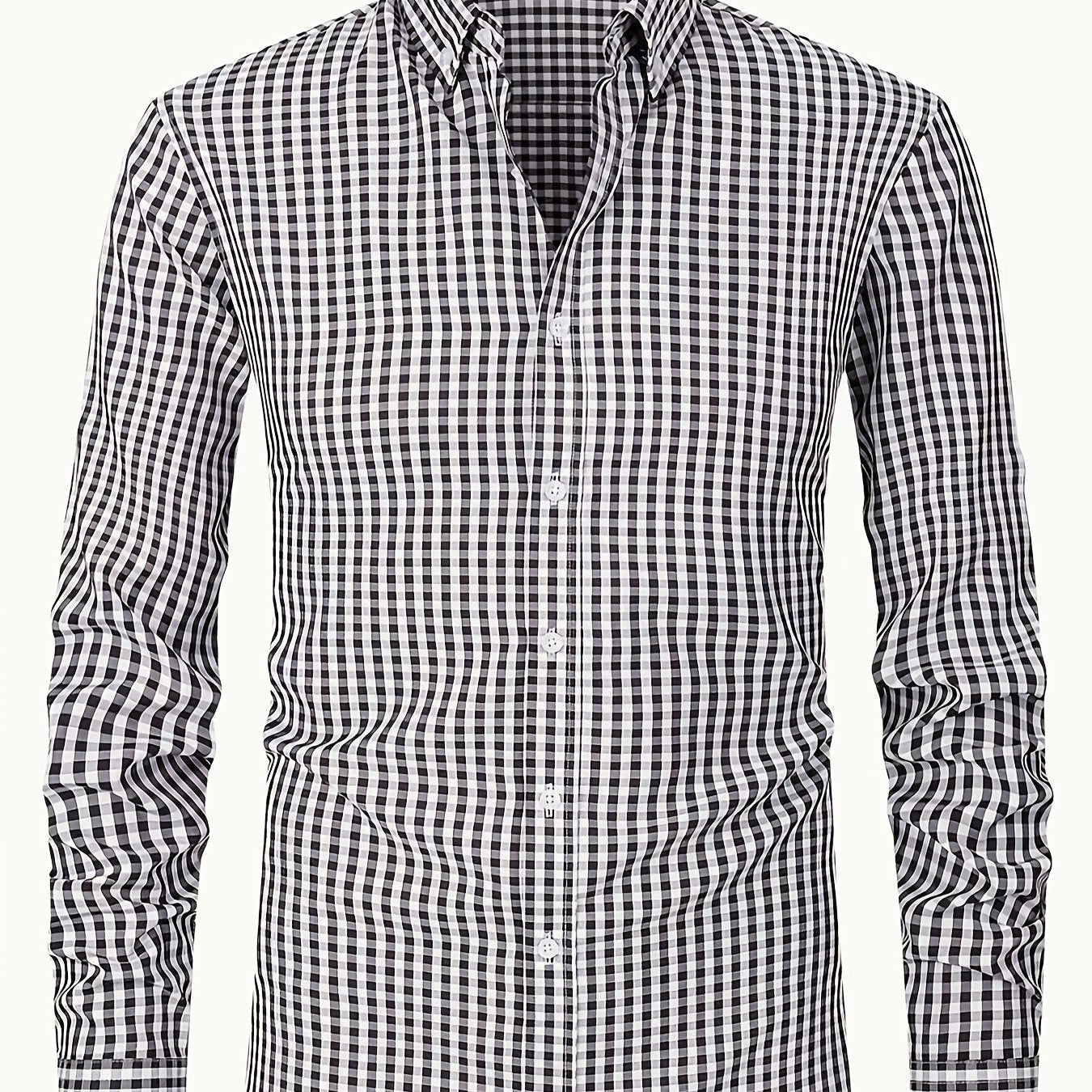 Men's Slim Fit Long Sleeve Shirt - Black & White Classic Plaid Pattern, Business Casual Button-Up Shirt, Machine Washable Summer Office & Formal Wear, Business Casual Wear | Collared Shirt | Stylish Checkered Pattern