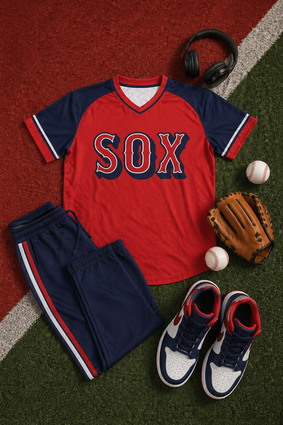 Baseball-themed outfit with red and navy 'SOX' jersey, pants, shoes, baseballs, and a glove on a baseball field.
