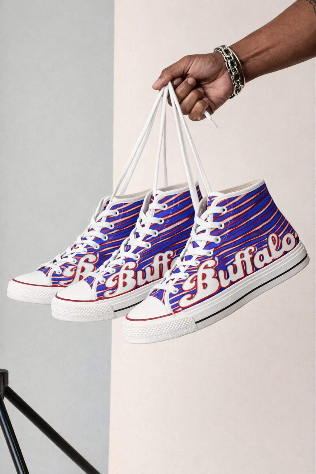 Buffalo Football Inspired High-Top Sneakers – Blue & Red Athletic Street Shoes for Game Day Fans