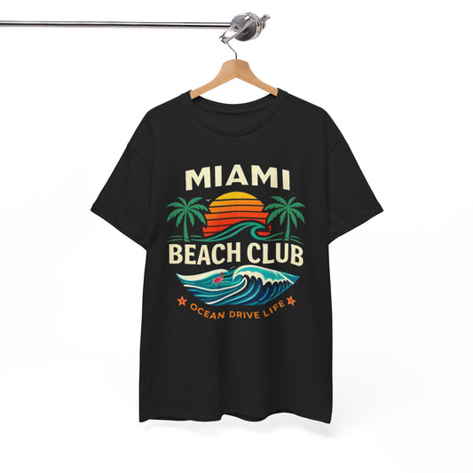 Miami Beach Club Graphic T-Shirt – Ocean Drive Life Palm Tree Sunset Tee