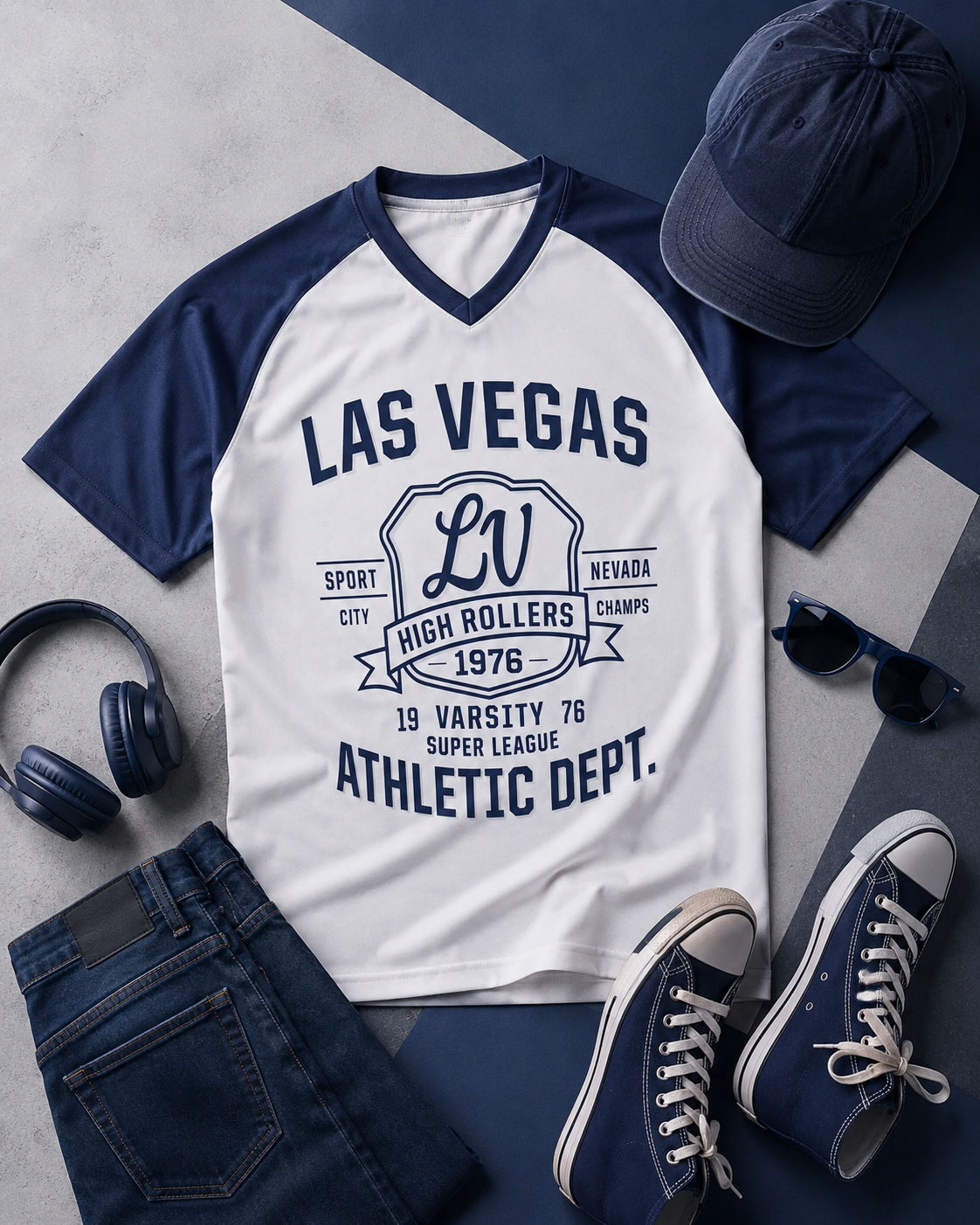Las Vegas High Rollers Athletic Dept Graphic T-Shirt – Navy and White Varsity Style Tee streetwear fashion product image 2