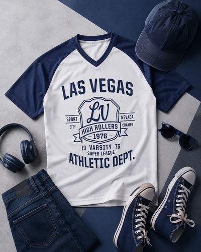 Las Vegas High Rollers Athletic Dept Graphic T-Shirt – Navy and White Varsity Style Tee