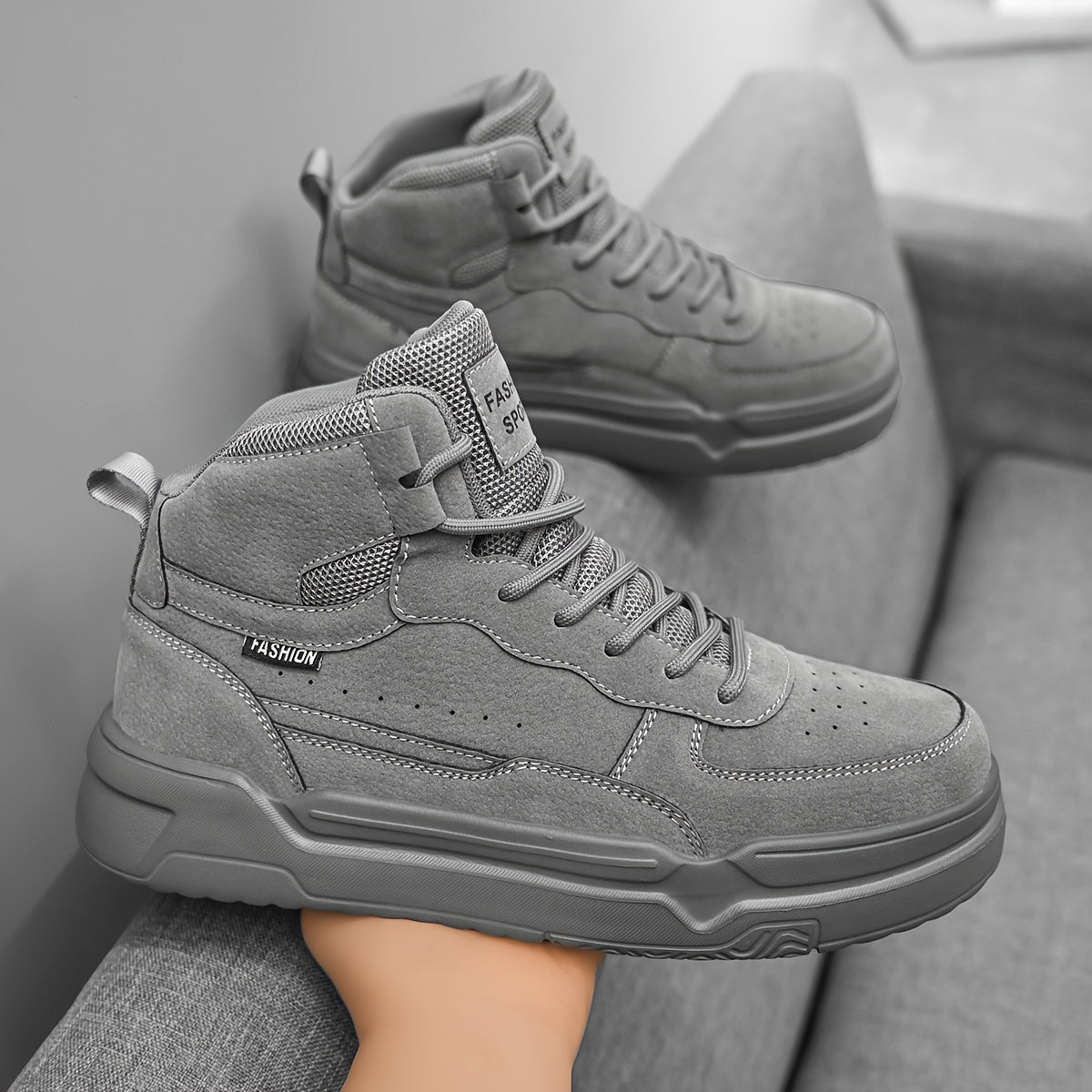 Men'S High-Top Fashion Sneakers, Casual Sports Street Style, Solid Color with Graphic Detail, All-Season Lace-Up Running Shoes, PU & Fabric Upper, EVA Sole, Round Toe, for Daily Wear