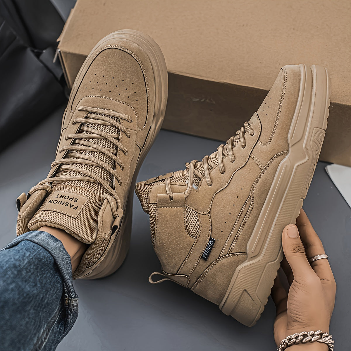 Men'S High-Top Fashion Sneakers, Casual Sports Street Style, Solid Color with Graphic Detail, All-Season Lace-Up Running Shoes, PU & Fabric Upper, EVA Sole, Round Toe, for Daily Wear