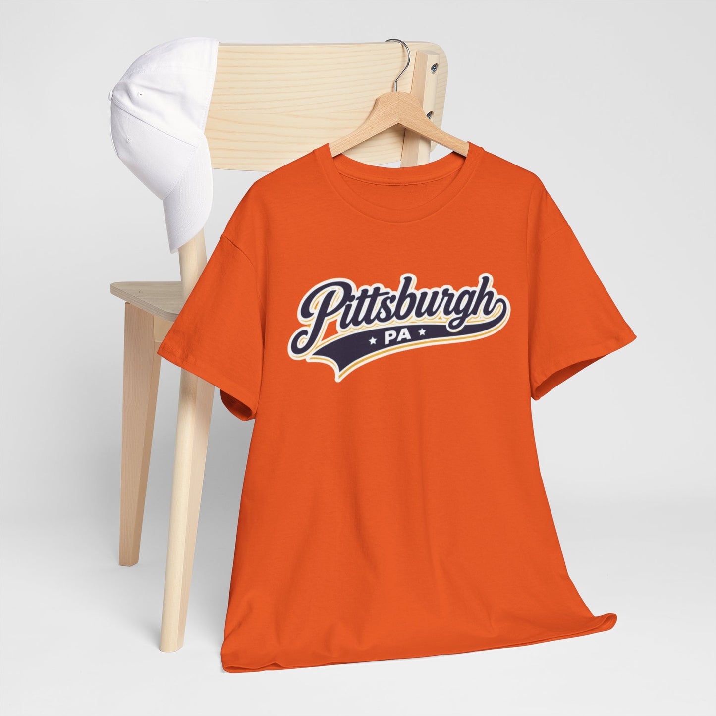 Pittsburgh PA Script T-Shirt — Gold City Tee Retro athletic and varsity layouts