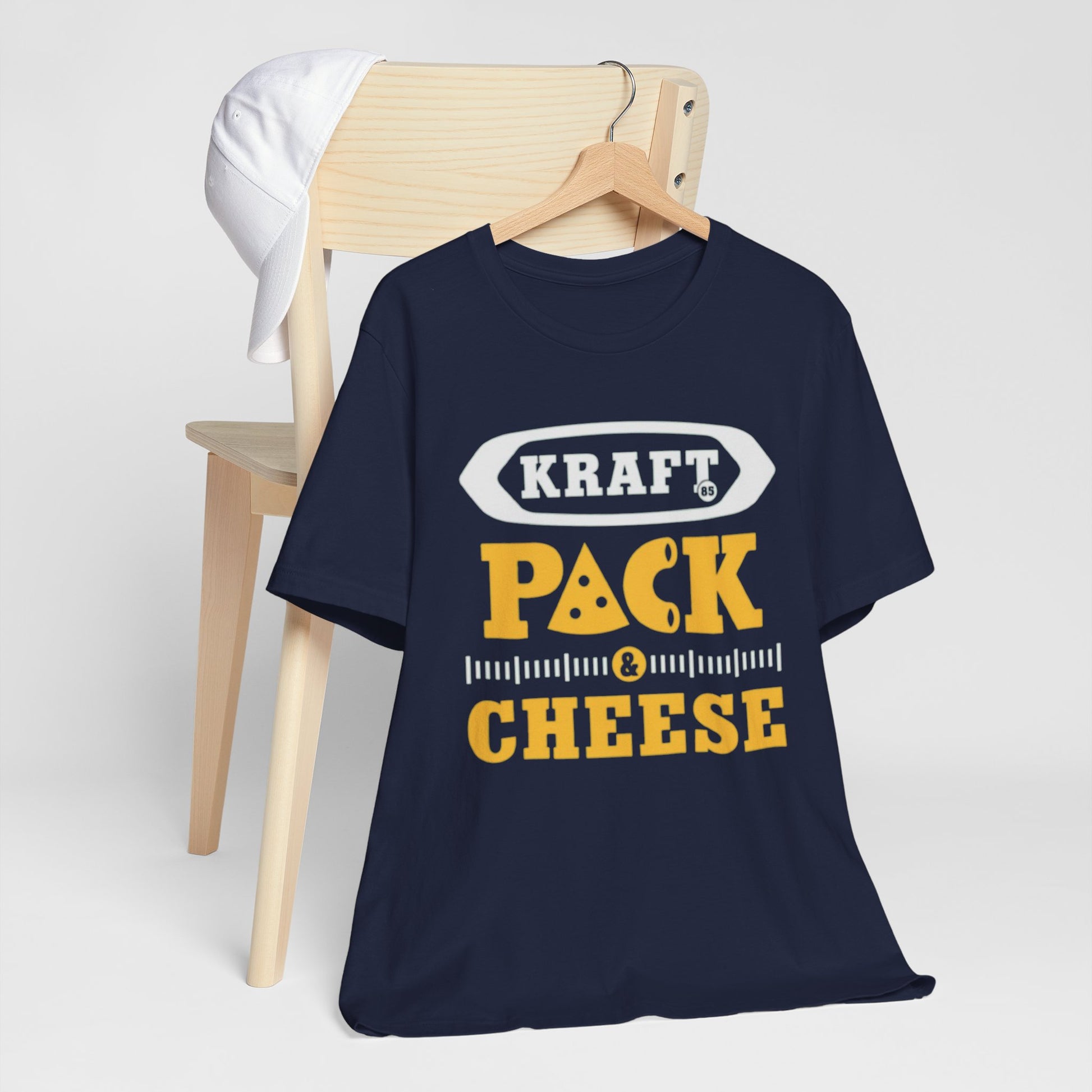 Dark Slate Gray Pack & Cheese T-Shirt — Kraft Pack Cheese Vintage Deli Graphic Packers football Tee