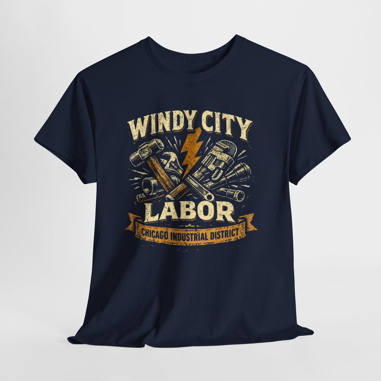 Windy City Labor Chicago Industrial District T-Shirt – Vintage Worker Tools Graphic Tee – casual fan outfit, nfl fan apparel, image 1.0