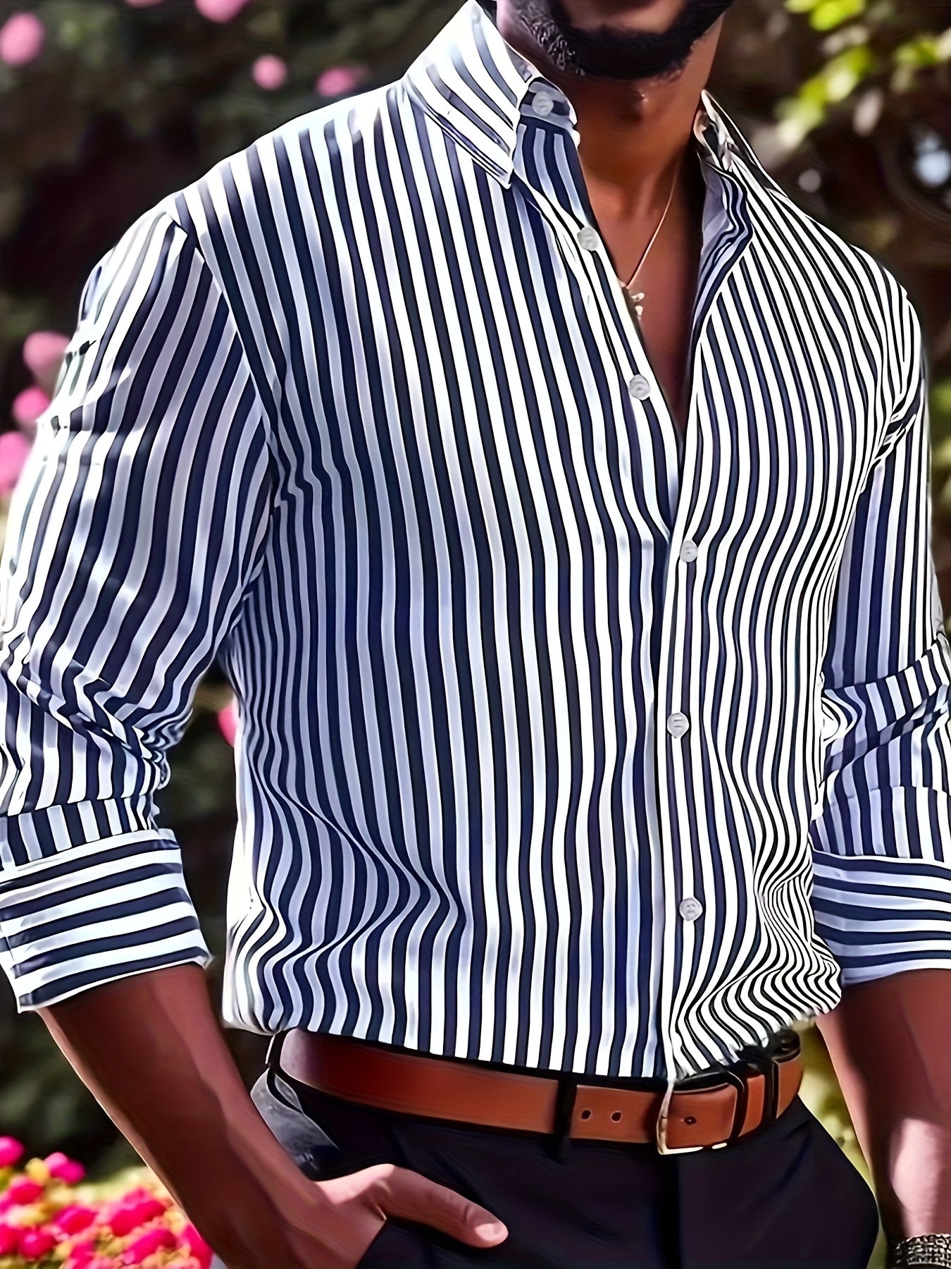 Light Slate Gray Men's Casual Striped Long Sleeve Shirt -  and White Vertical Pattern, Button- Collar Design, Non-Stretch Fabric, Suitable for Casual Attire, All Seasons | Fitted Cut