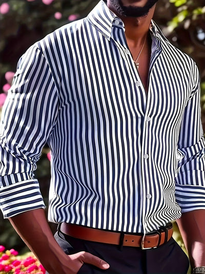 Light Slate Gray Men's Casual Striped Long Sleeve Shirt -  and White Vertical Pattern, Button- Collar Design, Non-Stretch Fabric, Suitable for Casual Attire, All Seasons | Fitted Cut