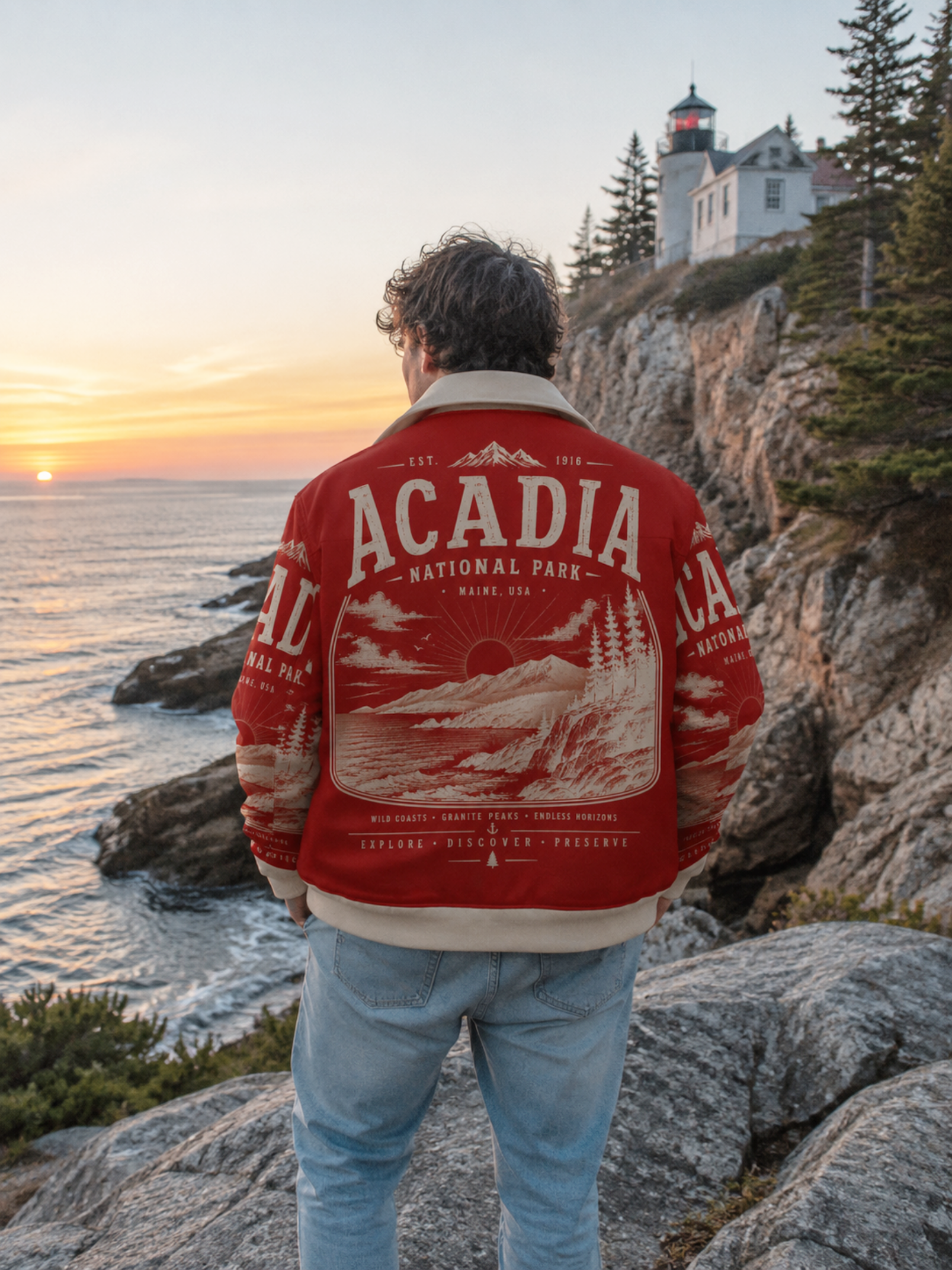 Acadia National Park Vintage Red Jacket – Coastal Mountain Outdoor Streetwear Bomber streetwear fashion product image 5