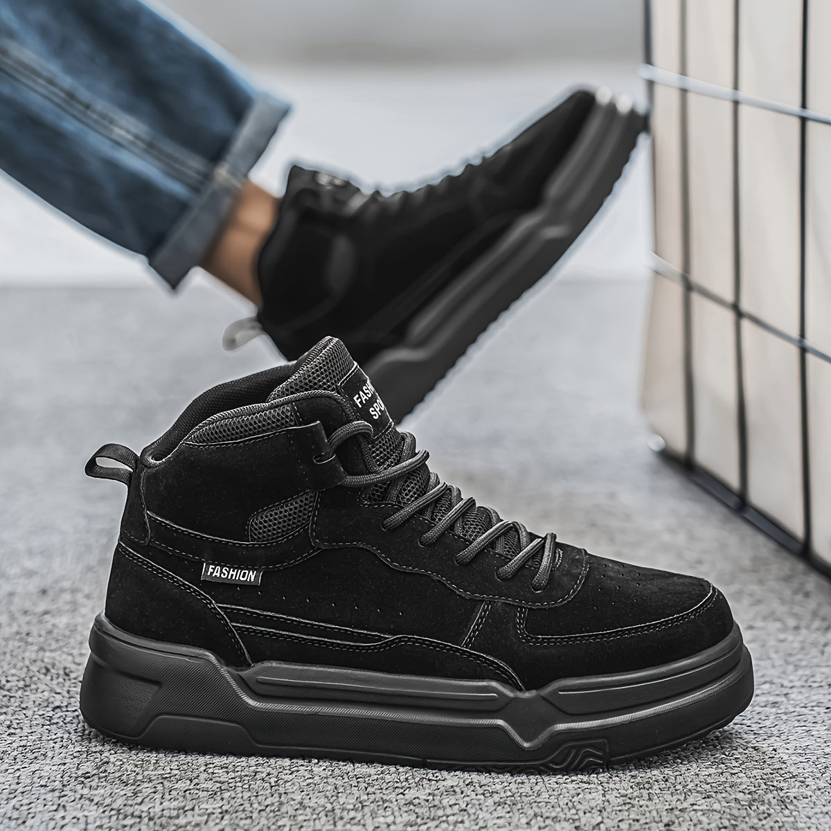 Men'S High-Top Fashion Sneakers, Casual Sports Street Style, Solid Color with Graphic Detail, All-Season Lace-Up Running Shoes, PU & Fabric Upper, EVA Sole, Round Toe, for Daily Wear