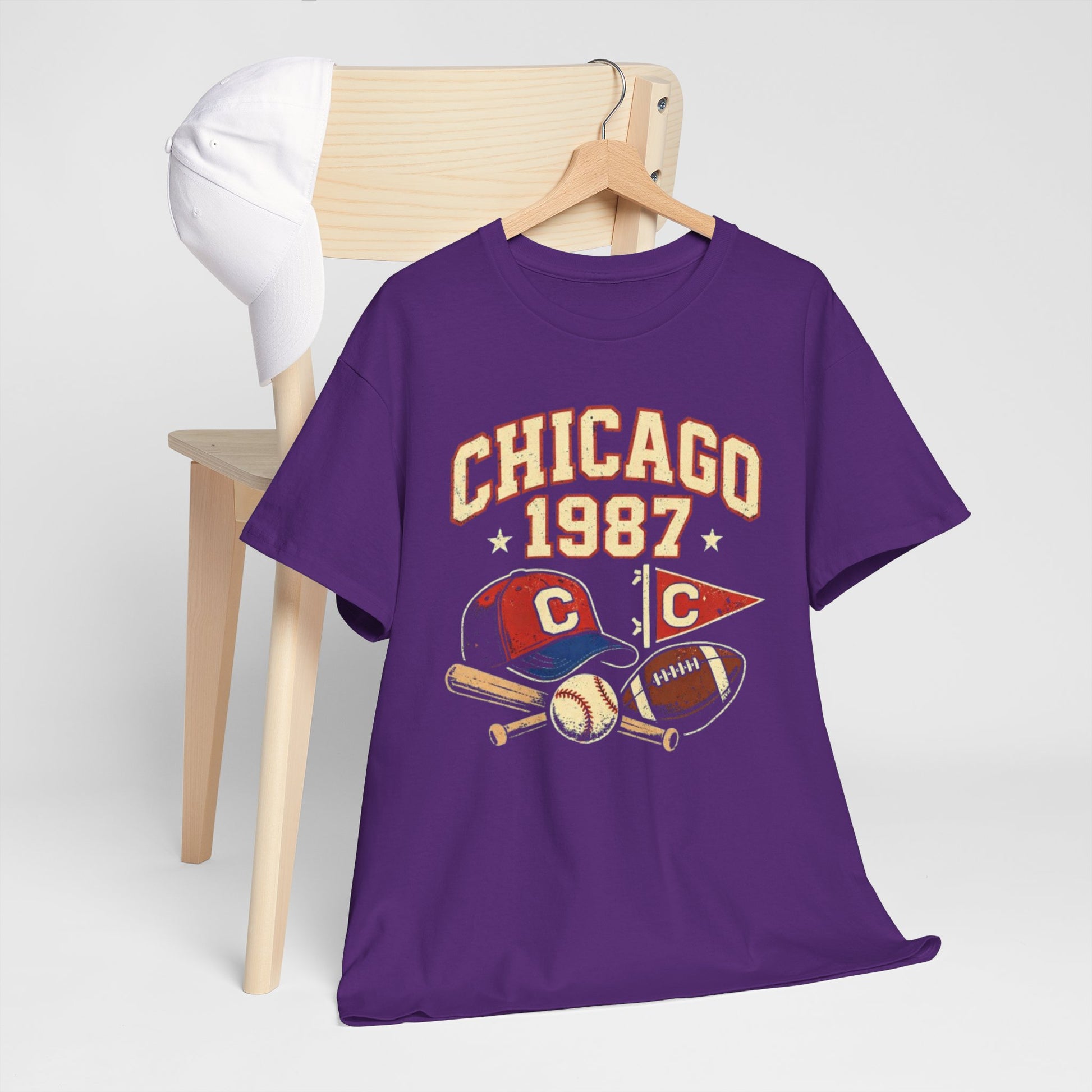 Lavender Chicago 1987 Vintage Sports T-Shirt – Retro Baseball and Football Graphic Tee
