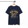 Navy blue t-shirt with 'New York Legends' text on a hanger against a white background
