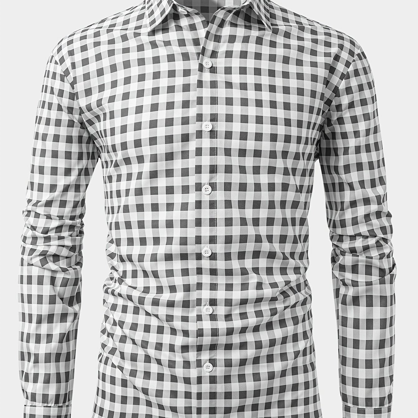 Gray 1pc Printed Plaid Long-sleeve Shirt with Lapel and Button-up Cardigan Style Casual Shirt