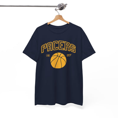 White Smoke Pacers Basketball T-Shirt – Retro Yellow Ball Graphic Tee