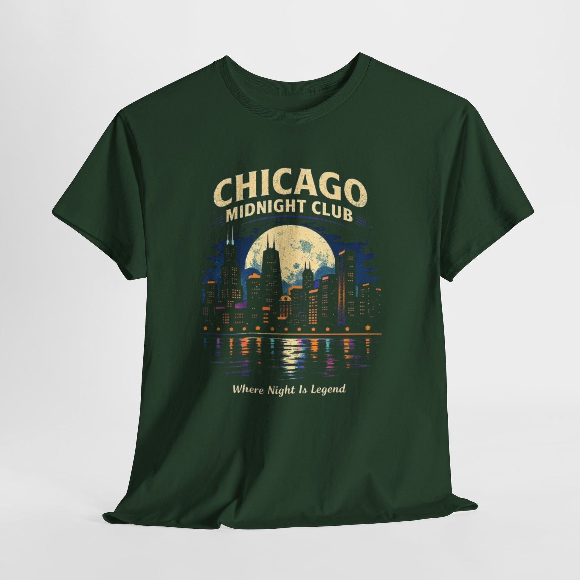 Dark Slate Gray Chicago Midnight Club T‑Shirt – Retro City Skyline "Where Night Is Legend"